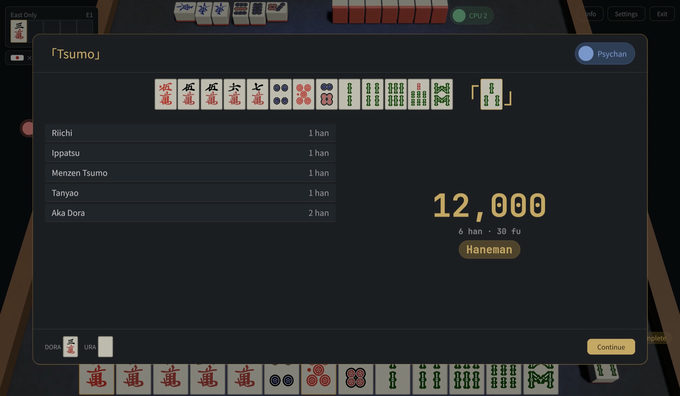 Win overlay with the yaku breakdown, han, fu, and scored value