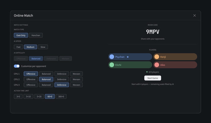 Private online lobby with a room code and per-seat AI styles